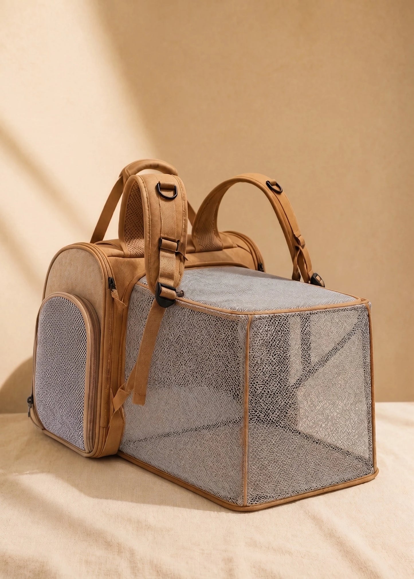Sac à Dos Transport Chat Extensible — Canvas Camel, Compartiment Mesh Amovible