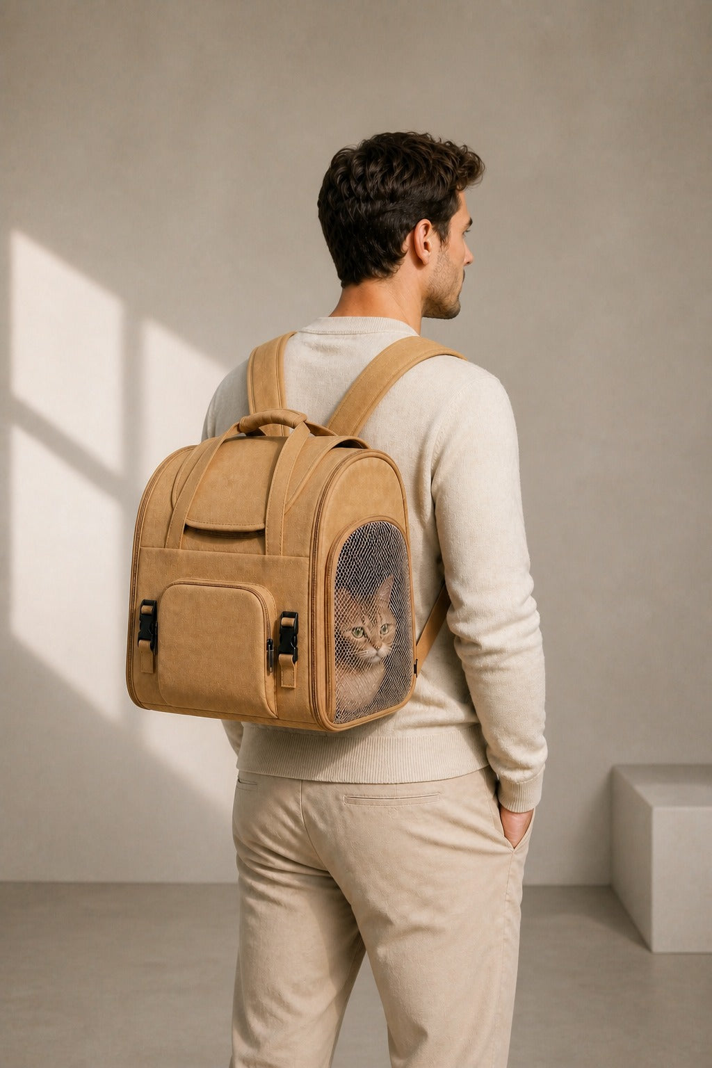 Sac à Dos Transport Chat Extensible — Canvas Camel, Compartiment Mesh Amovible
