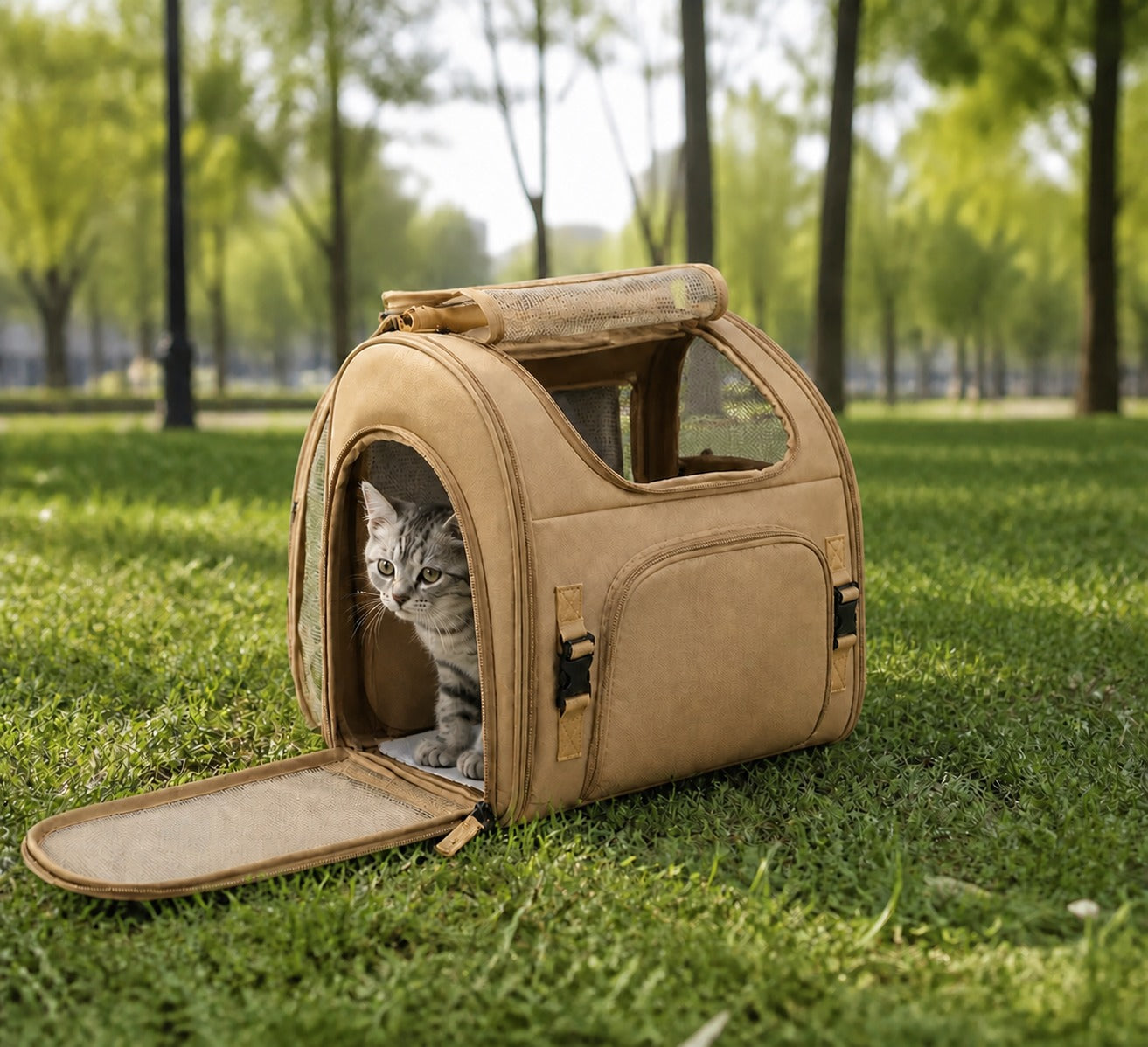 Sac à Dos Transport Chat Extensible — Canvas Camel, Compartiment Mesh Amovible