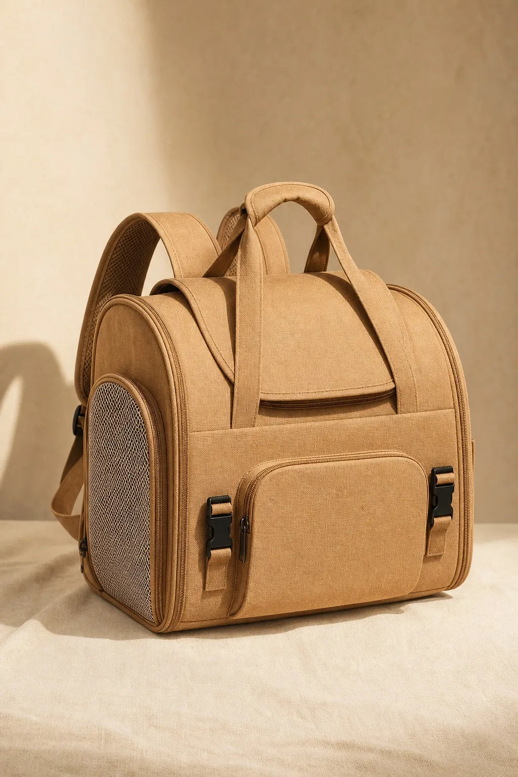 Sac à Dos Transport Chat Extensible — Canvas Camel, Compartiment Mesh Amovible