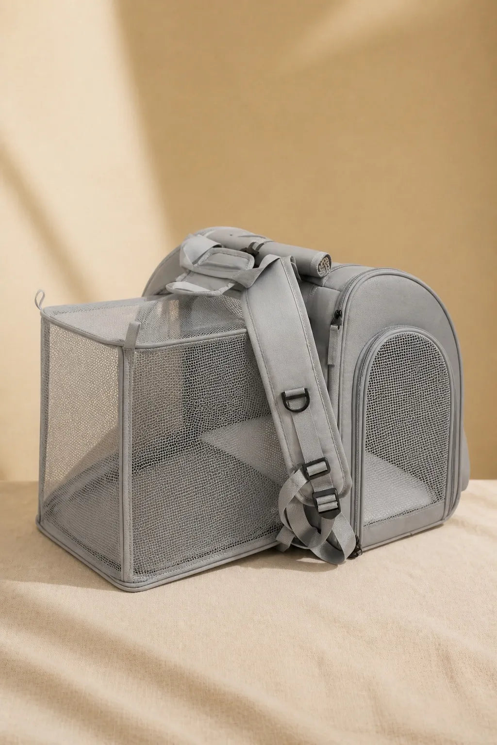 Sac à Dos Transport Chat Extensible — Canvas Camel, Compartiment Mesh Amovible