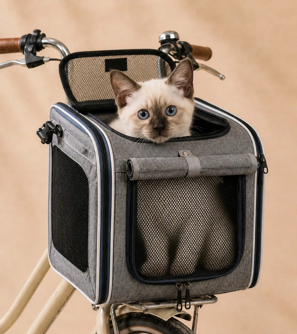 Panier Vélo Transport Chat et Chien — Fixation Guidon, Mesh 4 Faces, Pliable